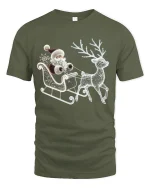 Elegant Santa Sleigh Reindeer Sparkle Christmas Graphic Tshirt Art - military green t-shirt on white background
