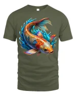 Colorful Koi Fish Splash Art Graphic Tshirt With Vibrant Energy - military green t-shirt on white background