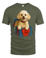 Cute Puppy In Gift Box Smiling Dog Graphic Tshirt Art - military green t-shirt on white background