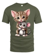 Cute Kitten Hugging Baby Mouse Adorable Cartoon Animal Tshirt Art - military green t-shirt on white background
