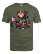 Funny Cyberpunk Teddy Bear Meh Coffee Graphic Tshirt Art - military green t-shirt on white background