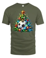 Festive Soccer Ball Christmas Tree Holiday Sports Graphic Tshirt - military green t-shirt on white background