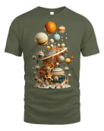 Surreal Floating Planets Cosmic Art Graphic Tshirt With Dreamy Style - military green t-shirt on white background
