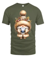 Cute Winter Gnome Holding Heart Cozy Holiday Graphic Tshirt Art - military green t-shirt on white background