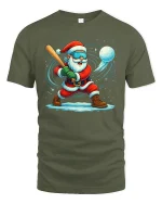Funny Santa Snowball Baseball Action Christmas Tshirt Graphic Art - military green t-shirt on white background