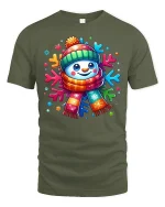 Cute Colorful Snowman Winter Cheerful Christmas Graphic Tshirt Art - military green t-shirt on white background