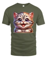 Cute Big Eyed Kitten Smiling Cartoon Cat Graphic Tshirt Art - military green t-shirt on white background