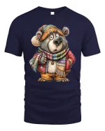 Funny Cozy Bear Illustration Tshirt Cute Winter Animal Art Style - navy t-shirt on white background