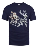 Elegant Santa Sleigh Reindeer Sparkle Christmas Graphic Tshirt Art - navy t-shirt on white background