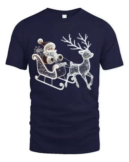 Elegant Santa Sleigh Reindeer Sparkle Christmas Graphic Tshirt Art - navy t-shirt on white background