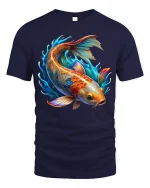 Colorful Koi Fish Splash Art Graphic Tshirt With Vibrant Energy - navy t-shirt on white background