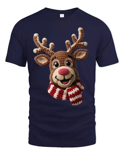 Cute Crochet Reindeer Smiling Christmas Graphic Tshirt Art - navy t-shirt on white background