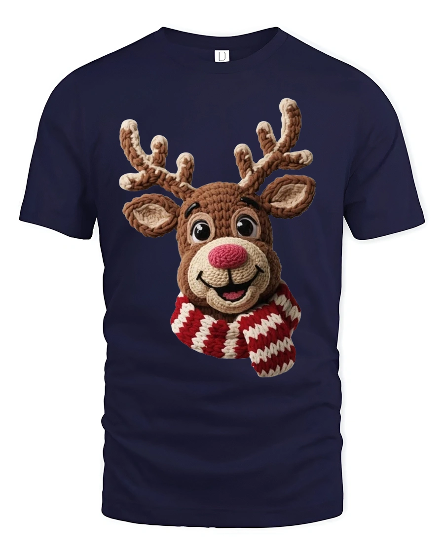 Cute Crochet Reindeer Smiling Christmas Graphic Tshirt Art - 1 Cute Crochet Reindeer Smiling Christmas Graphic Tshirt Art - navy t-shirt on white background