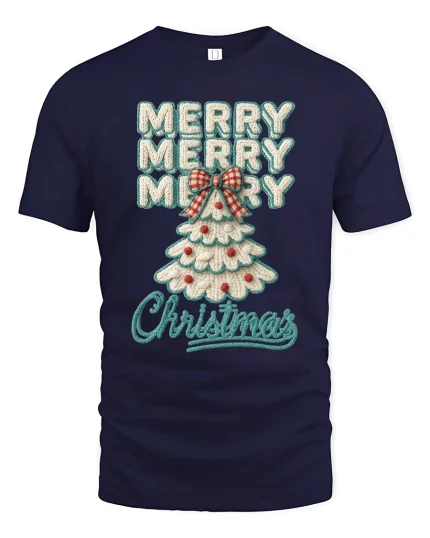 Merry Merry Merry Christmas Knit Style Tree Graphic Tshirt Art - navy t-shirt on white background