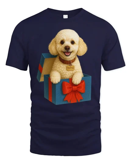 Cute Puppy In Gift Box Smiling Dog Graphic Tshirt Art - navy t-shirt on white background