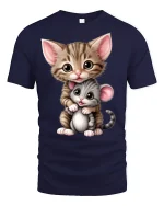Cute Kitten Hugging Baby Mouse Adorable Cartoon Animal Tshirt Art - navy t-shirt on white background