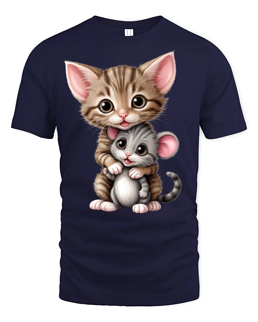 Cute Kitten Hugging Baby Mouse Adorable Cartoon Animal Tshirt Art - 1 Cute Kitten Hugging Baby Mouse Adorable Cartoon Animal Tshirt Art - navy t-shirt on white background