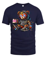 Funny Cyberpunk Teddy Bear Meh Coffee Graphic Tshirt Art - navy t-shirt on white background