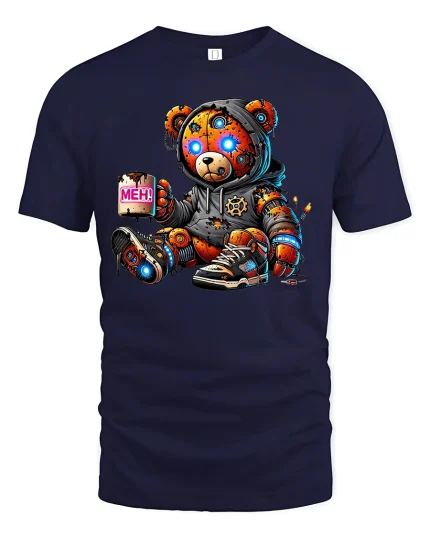 Funny Cyberpunk Teddy Bear Meh Coffee Graphic Tshirt Art - navy t-shirt on white background