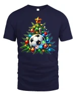 Festive Soccer Ball Christmas Tree Holiday Sports Graphic Tshirt - navy t-shirt on white background