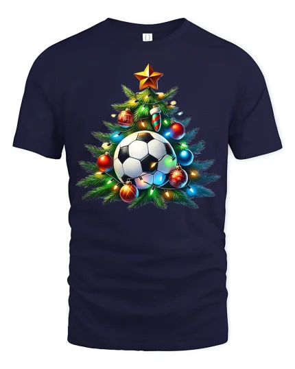 Festive Soccer Ball Christmas Tree Holiday Sports Graphic Tshirt - navy t-shirt on white background