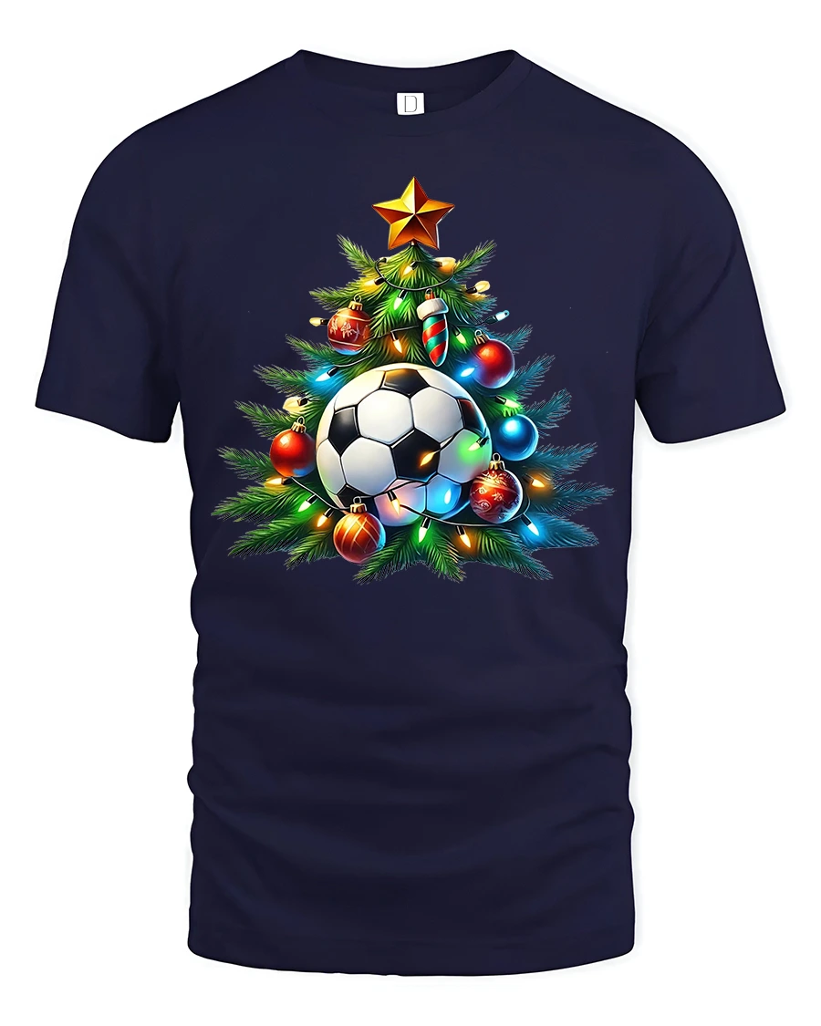 Festive Soccer Ball Christmas Tree Holiday Sports Graphic Tshirt - 1 Festive Soccer Ball Christmas Tree Holiday Sports Graphic Tshirt - navy t-shirt on white background