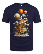 Surreal Floating Planets Cosmic Art Graphic Tshirt With Dreamy Style - navy t-shirt on white background
