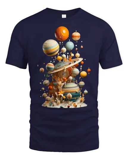 Surreal Floating Planets Cosmic Art Graphic Tshirt With Dreamy Style - navy t-shirt on white background