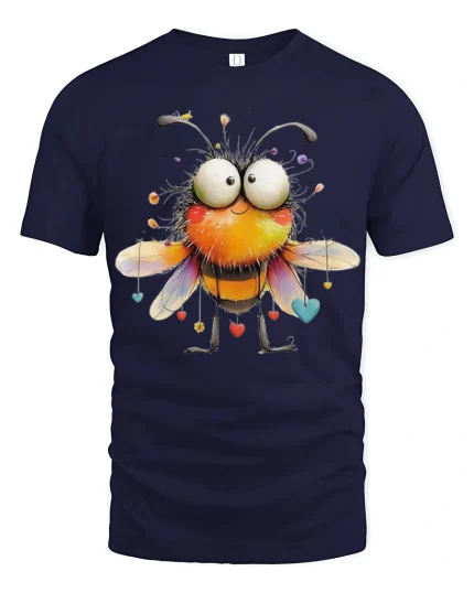 Cute Funny Bumblebee Big Eyes Cartoon Love Graphic Tshirt Art - navy t-shirt on white background