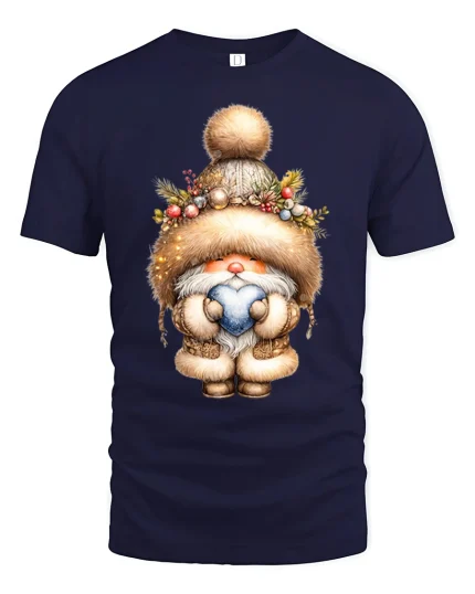 Cute Winter Gnome Holding Heart Cozy Holiday Graphic Tshirt Art - navy t-shirt on white background