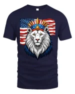 Patriotic Lion Crown American Flag Power Graphic Tshirt Art - navy t-shirt on white background