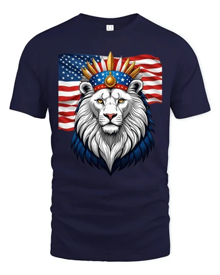 Patriotic Lion Crown American Flag Power Graphic Tshirt Art - navy t-shirt on white background