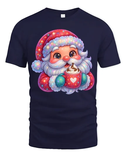 Cute Sparkly Santa Hot Cocoa Cozy Christmas Graphic Tshirt Art - navy t-shirt on white background