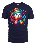 Cute Colorful Snowman Winter Cheerful Christmas Graphic Tshirt Art - navy t-shirt on white background