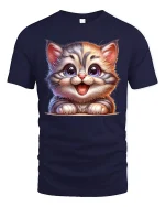 Cute Big Eyed Kitten Smiling Cartoon Cat Graphic Tshirt Art - navy t-shirt on white background