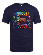 Colorful Letter E Music Notes Microphone Graphic Tshirt Art - navy t-shirt on white background
