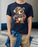 Funny Cozy Bear Illustration Tshirt Cute Winter Animal Art Style - model wearing navy tee with hands in pockets