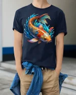 Colorful Koi Fish Splash Art Graphic Tshirt With Vibrant Energy - model wearing navy tee with hands in pockets