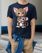 Cute Kitten Hugging Baby Mouse Adorable Cartoon Animal Tshirt Art - model wearing navy tee with hands in pockets