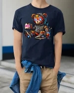 Funny Cyberpunk Teddy Bear Meh Coffee Graphic Tshirt Art - model wearing navy tee with hands in pockets
