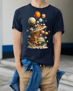 Surreal Floating Planets Cosmic Art Graphic Tshirt With Dreamy Style - model wearing navy tee with hands in pockets