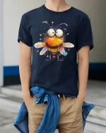 Cute Funny Bumblebee Big Eyes Cartoon Love Graphic Tshirt Art - model wearing navy tee with hands in pockets