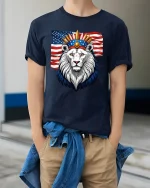 Patriotic Lion Crown American Flag Power Graphic Tshirt Art - model wearing navy tee with hands in pockets