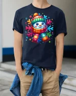 Cute Colorful Snowman Winter Cheerful Christmas Graphic Tshirt Art - model wearing navy tee with hands in pockets