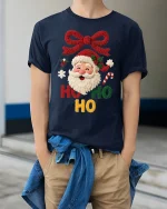 Cute Ho Ho Ho Santa Knit Style Christmas Graphic Tshirt Art - model wearing navy tee with hands in pockets