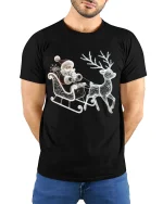 Elegant Santa Sleigh Reindeer Sparkle Christmas Graphic Tshirt Art - model wearing black tee with hands behind back