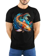Colorful Koi Fish Splash Art Graphic Tshirt With Vibrant Energy - model wearing black tee with hands behind back