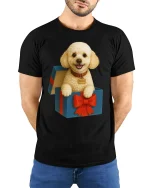Cute Puppy In Gift Box Smiling Dog Graphic Tshirt Art - model wearing black tee with hands behind back