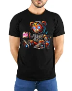 Funny Cyberpunk Teddy Bear Meh Coffee Graphic Tshirt Art - model wearing black tee with hands behind back
