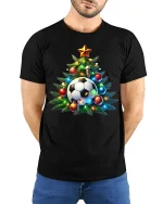 Festive Soccer Ball Christmas Tree Holiday Sports Graphic Tshirt - model wearing black tee with hands behind back